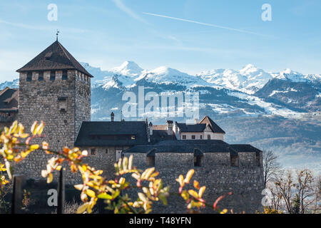 Vaduz castle, the palace and official residence of the Prince of Liechtenstein on snow mountains background Stock Photo