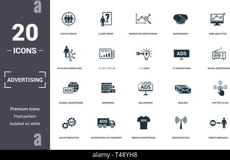 Advertising set icons collection. Includes simple elements such as Focus Group, Client Brief, Marketing Monitoring, Partnership, Web Analytics, Brandi Stock Vector