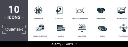 Advertising set icons collection. Includes simple elements such as Focus Group, Client Brief, Marketing Monitoring, Partnership, Web Analytics, Brandi Stock Vector