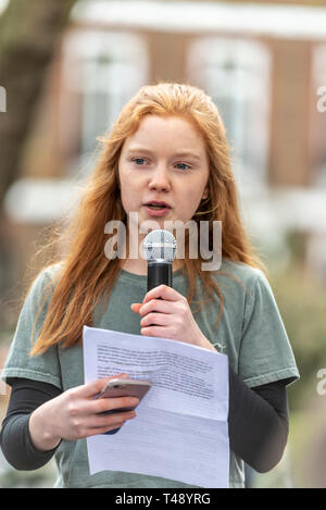 Bella Lack, young activist, speaking at a stop trophy hunting and ivory trade protest rally, London, UK. Youth ambassador for The Born Free Foundation Stock Photo