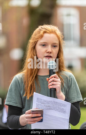 Bella Lack, young activist, speaking at a stop trophy hunting and ivory trade protest rally, London, UK. Youth ambassador for The Born Free Foundation Stock Photo