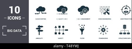 Big Data set icons collection. Includes simple elements such as Cloud Hosting, Cloud Database, Cloud Management, Code Engineering, User Prediction, Va Stock Vector