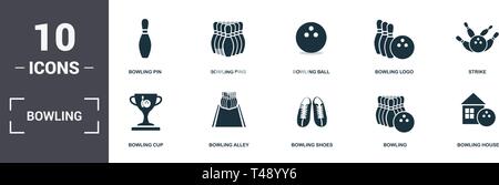 Bowling set icons collection. Includes simple elements such as Bowling Pin, Pins, Bowling Ball, Logo, Strike, and Popcorn premium icons. Stock Vector
