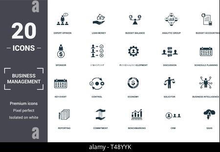 Business Management set icons collection. Includes simple elements such as Expert Opinion, Loan Money, Budget Balance, Analytic Group, Budget Accounti Stock Vector