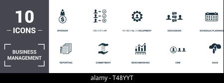 Business Management set icons collection. Includes simple elements such as Sponsor, Standpoint, Personal Development, Discussion, Schedule Planning, C Stock Vector