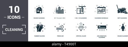Cleaning set icons collection. Includes simple elements such as House Cleaning, Office Cleaning, Window, Cleaning Schedule, Wet, Fresh Air and Crystal Stock Vector