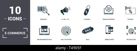 E-Commerce set icons collection. Includes simple elements such as Barcode, Promotion, Discount, Online Shopping, Coupon, Call To Action and Sale premi Stock Vector