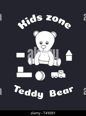 Sticker for the design of the kids zone. Teddy bear and toys, cubes, ball, auto. Suitable for a logo toy shop, a design cut plotter, decor glass. Blac Stock Vector