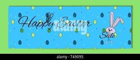Easter bunny cover. Horizontal blue banner with green painted eggs, butterflys and a hare. Vector illustration Happy Easter template for sale, blog Stock Vector