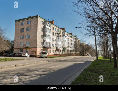 ROVNO, UKRAINE - APRIL 09, 2018: Old typical residential five storey Khrushchyovka house. It is an unofficial name of a type of low-cost apartment bui Stock Photo