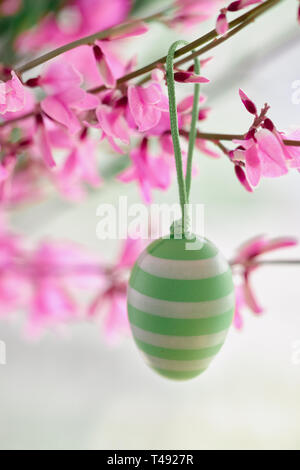 Close-up on decorative wooden Easter eggs hanging on stems with small pink flowers Stock Photo