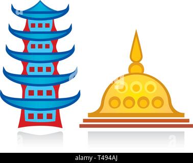Buddhist pagoda and stupa. Religious temples, architectural structures. Stock Vector