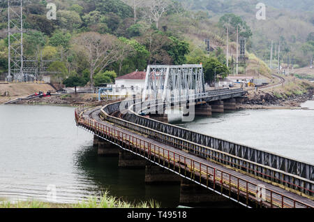 View of the historic truss bridge over the Chagres River mouth to the Panama Canal in Gamboa.  It is now closed to car transist, replaced by a new one Stock Photo