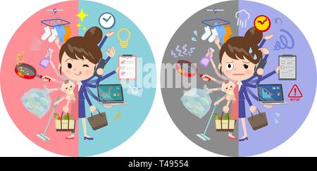 A set of mom who perform multitasking in offices and private.There are things to do smoothly and a pattern that is in a panic.It's vector art so it's  Stock Vector