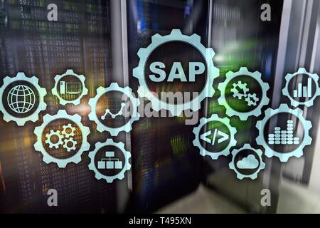SAP System Software Automation concept on virtual screen data center. Stock Photo