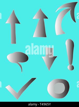 Set of characters - gray gradient on arrows, cursor, exclamation mark, blue background, isolated characters drawn by hand. Stock Vector