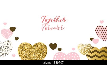 Valentine day design template for greeting card or banner with different hearts bottom border. Vector illustration. Horizontal composition. Together f Stock Vector