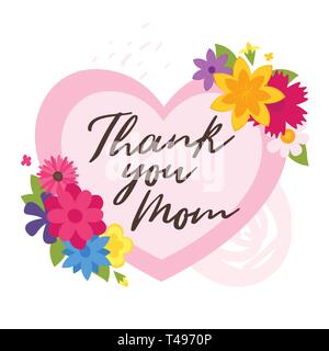 Mother day design template for greeting card or banner with pink heart and flowers. Vector illustration. Thank you mom text. Stock Vector