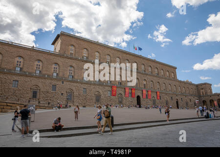 Florence, Italy - June 26, 2018: Panoramic view of exterior f Palazzo Pitti (Pitti Palace) is palace in Florence. It is situated on south side of the  Stock Photo