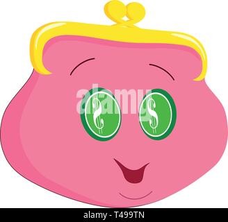Flat drawing of a red wallet. Wallet with eyes .Smiling cartoon wallet. Isolated, white. Vector Stock Vector