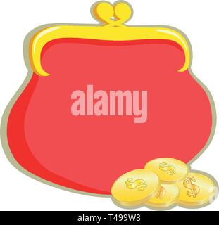 Flat drawing of a red wallet. Gold coins, cents. Isolated, white. Vector Stock Vector