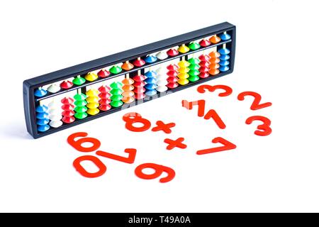 Japanese traditional calculator abacus and numbers on white Stock Photo