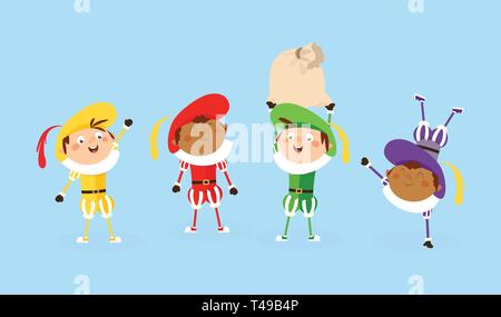Four Zwarte Piet Sinterklaas helpers - vector illustration isolated on white Stock Vector