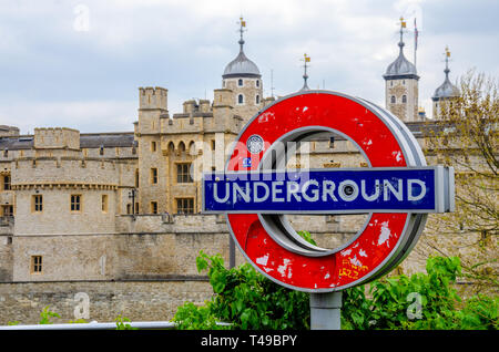 From the exit Tower Hill London Underground Station, you get a view of The Tower of London, a popular tourist attraction. Stock Photo