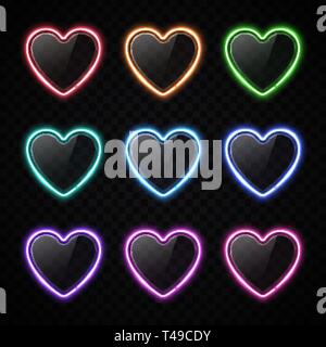 Colorful neon heart banners set on transparent. Stock Vector