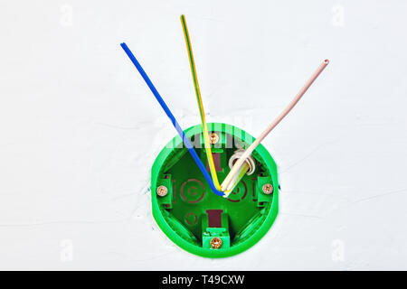 Round electrical box for switch or wall outlet with copper wiring inside. Stock Photo