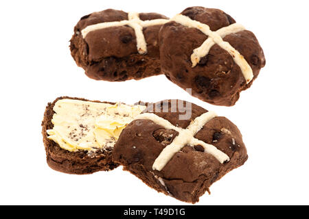 Chocolate hot cross buns - white background Stock Photo