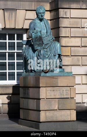 Bronze statue of enlightenment philosopher David Hume by Scottish sculptor Alexander Stoddart on the Royal Mile in Edinburgh, Scotland, UK
