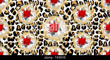 Trendy seamless pattern with gold chains on leopard skin. eps10 Stock Vector