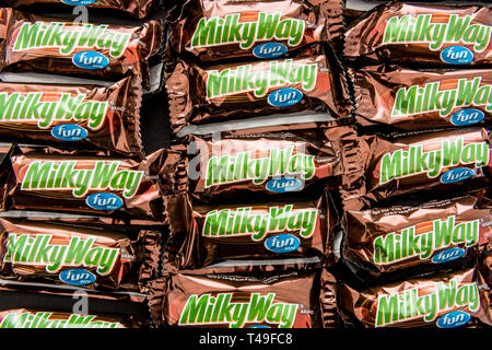 Winneconne, WI -  13 April 2019: A close-up shot of Milky Way candy bars on an isolated background Stock Photo