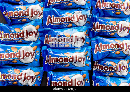 Winneconne, WI -  14 April 2019: A close-up package of Almond Joy coconut candy bars on an isolated background Stock Photo