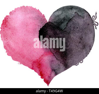 watercolor pink and black heart with a lace edge, painted by hand Stock Photo