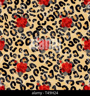 Floral animal seamless vector design print. Leopard texture and flower bouquets. Red rose, burgundy red peony, white anemone, succulent, exotic orchid Stock Vector