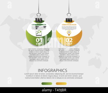 Modern 3D vector illustration. Infographic circles template with two elements, icons, clips. Step by step designed for business, presentations Stock Vector