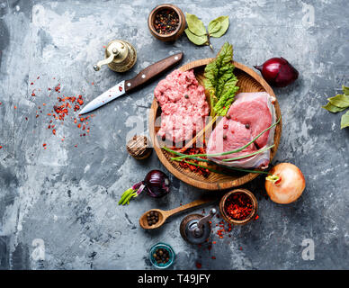 Plate with fresh raw ground beef.Minced meat,beef or forcemeat Stock Photo