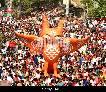 Dhaka, Bangladesh. 14th Apr, 2019. People join a procession to celebrate the Bengali New Year of 1426 in Dhaka, Bangladesh on April 14, 2019. Credit: Salim Reza/Xinhua/Alamy Live News Stock Photo