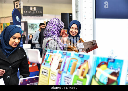 Olympia London, UK. 14th Apr 2019. Fashions and halal food stalls exhibition at London Muslim Shopping Festival 2019 on 14 April 2019 at Olympia London, UK. Credit: Picture Capital/Alamy Live News Stock Photo