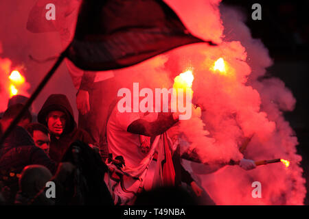 Prague, Czech Republic. 14th Apr, 2019. Fans of Slavia Praha during the 28th round match of Czech soccer league Slavia Praha vs Sparta Praha in Prague in the Czech Republic. Credit: Slavek Ruta/ZUMA Wire/Alamy Live News Stock Photo