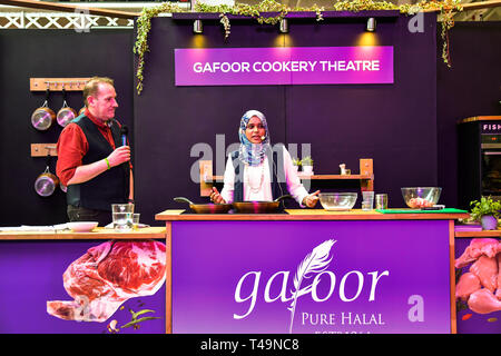 Olympia London, UK. 14th Apr 2019. A Muslim chef demotration at London Muslim Shopping Festival 2019 on 14 April 2019 at Olympia London, UK. Credit: Picture Capital/Alamy Live News Stock Photo