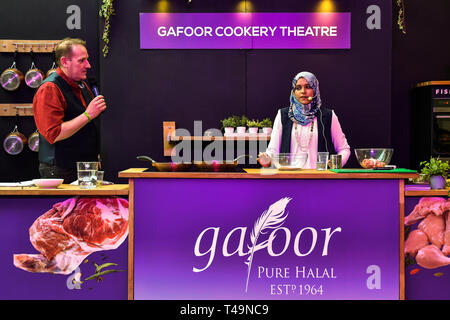 Olympia London, UK. 14th Apr 2019. A Muslim chef demotration at London Muslim Shopping Festival 2019 on 14 April 2019 at Olympia London, UK. Credit: Picture Capital/Alamy Live News Stock Photo