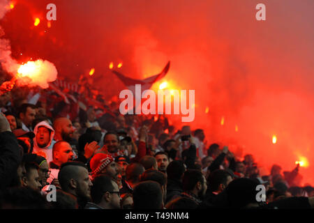 Prague, Czech Republic. 14th Apr, 2019. Fans of Slavia Prague during the 28th round match of Czech soccer league Slavia Praha vs Sparta Praha in Prague in the Czech Republic. Credit: Slavek Ruta/ZUMA Wire/Alamy Live News Stock Photo