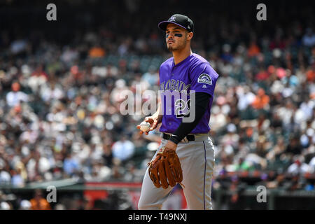 San Francisco, California, USA. 13th Apr, 2019. Colorado Rockies relief pitcher Bryan Shaw (29) in action during the MLB game between the Colorado Rockies and the San Francisco Giants at Oracle Park in San Francisco, California. Chris Brown/CSM/Alamy Live News Stock Photo