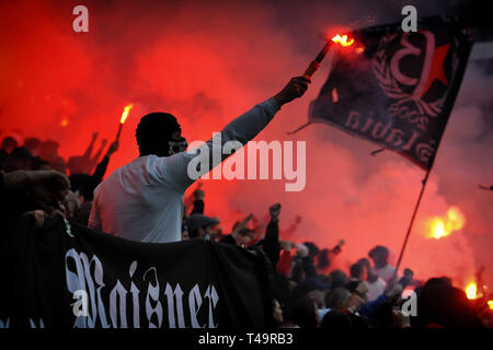 Prague, Czech Republic. 14th Apr, 2019. Fans of Slavia Praha during the 28th round match of Czech soccer league Slavia Praha vs Sparta Praha. Credit: Slavek Ruta/ZUMA Wire/Alamy Live News Stock Photo