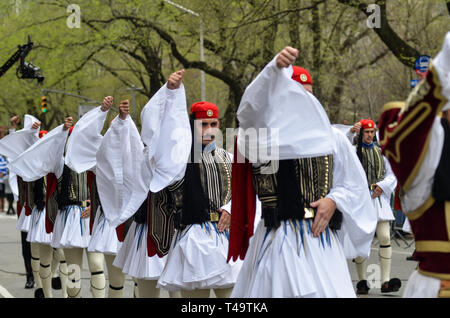 New York City, USA. 14th Apr, 2019. Soldiers seen marching during the annual Greek Independence Parade on 5th Avenue in New York City. Credit: Ryan Rahman/SOPA Images/ZUMA Wire/Alamy Live News Stock Photo