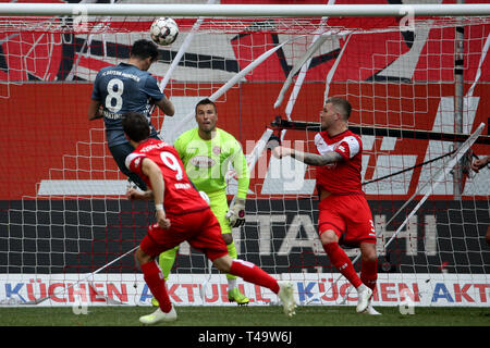 Dusseldorf, Germany. 14th Apr, 2019. Javi Martinez (1st L) of Bayern Munich competes during the Bundesliga match between FC Bayern Munich and Fortuna Dusseldorf 1895 in Dusseldorf, Germany, April 14, 2019. Munich won 4-1. Credit: Ulrich Hufnagel/Xinhua/Alamy Live News Stock Photo