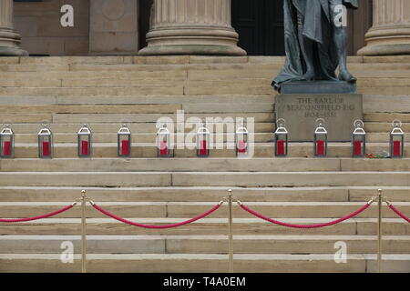 Liverpool, UK. 15th Apr, 2019. 96 candles on the steps of St George's Hall to mark the 30th anniversary of the Hillsborough disaster in which 96 Liverpool supporters lost their lives. Credit: ken biggs/Alamy Live News Stock Photo